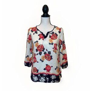 Skies Are Blue Blouse Women’s Small Boho 3/4 Sleeve Floral Print White Pink Blue